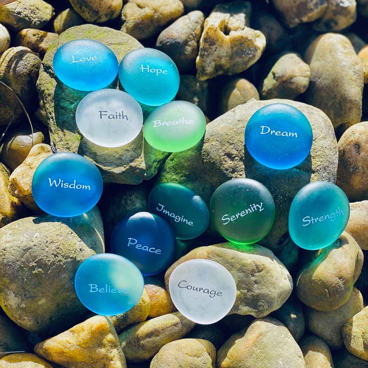 SHOPGIVECOURAGE - Wholesale Spiritual Stone/Crystal - Sea Stones -Imprinted Glass Word Stones (60) in Bowl Display1