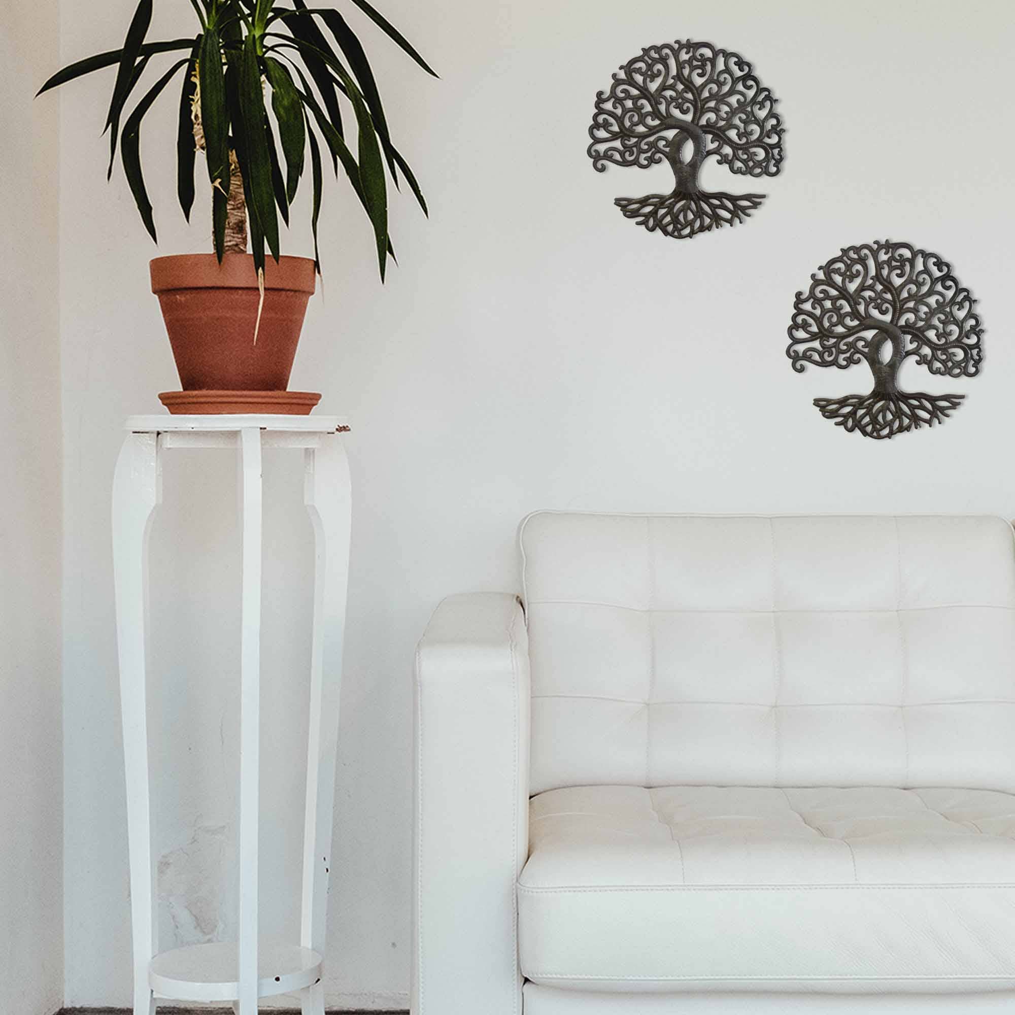 Global Crafts – wholesale Dimensionell/3D-väggkonst – 14 ”livets träd lockigt haitiska metall trumma vägg konst2