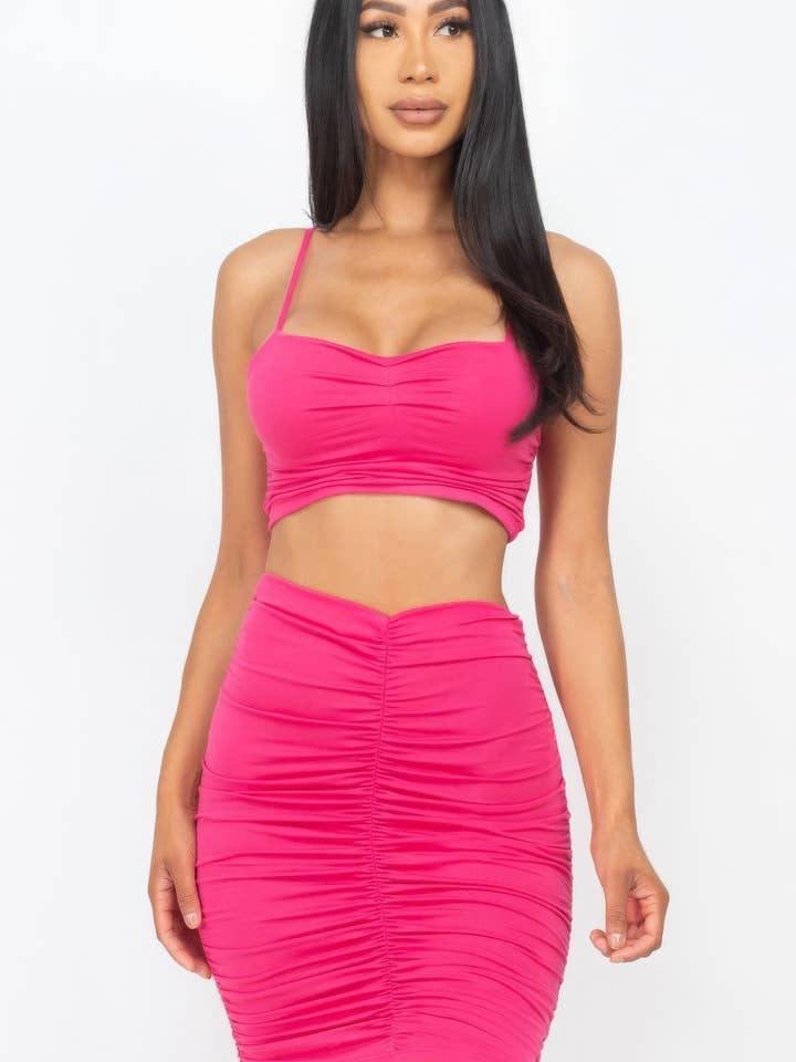 Gerimpelde Crop Top en Rok Sets - Fuchsia Kleur voor wholesale door Bandanas Wholesale