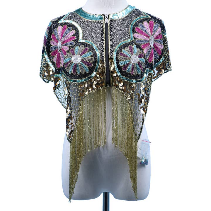 Western Fashion - Wholesale Wrap - Women's - 8897 - Beaded Shawl Multi - with Gold Fringe & Zipper