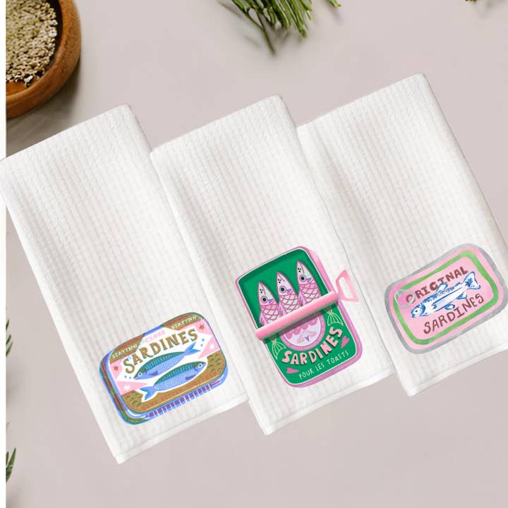 Cottage & Club - Wholesale Tea Towel - Retro Sardine Can Waffle Weave Tea Towel Collection - Fisherman Aesthetic - French Decor - Dopamine Decor - Colorful Coastal Kitchen Decor1