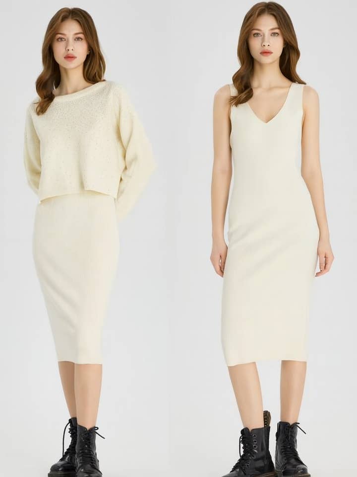 SOFT KNIT TOP AND DRESS CO-ORD SET WITH RHINESTONES for wholesale by Lucy Sparks