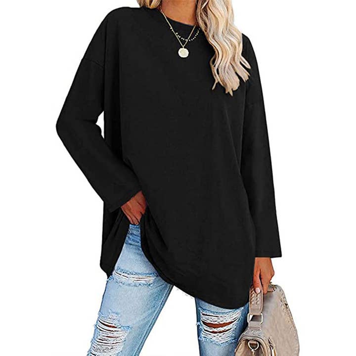 Rosa Clothing - Wholesale T-Shirt - Women's - Loose Round Neck Long Sleeve T-shirt Top
