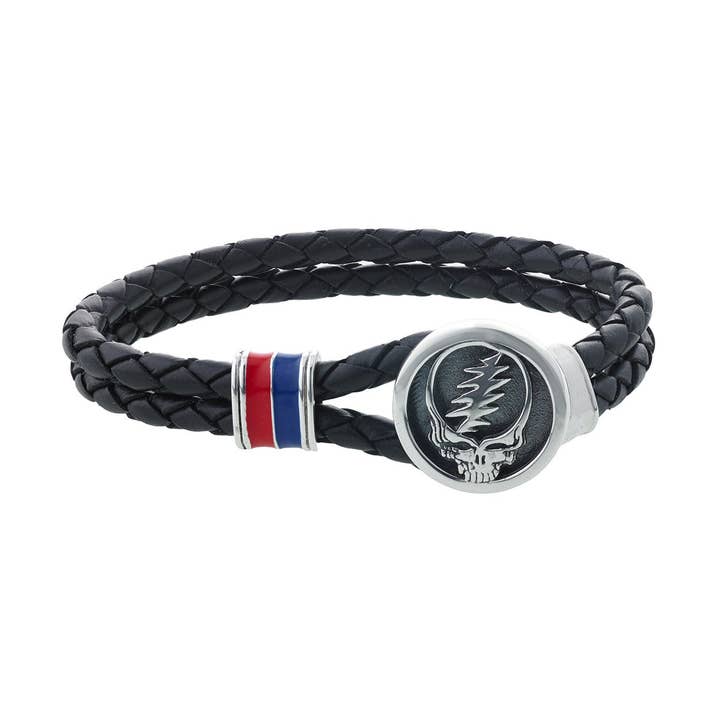 Steal Your Face Sterling Silver, Blue and Red Enamel & Leather Bracelet for wholesale by Cynthia Gale New York