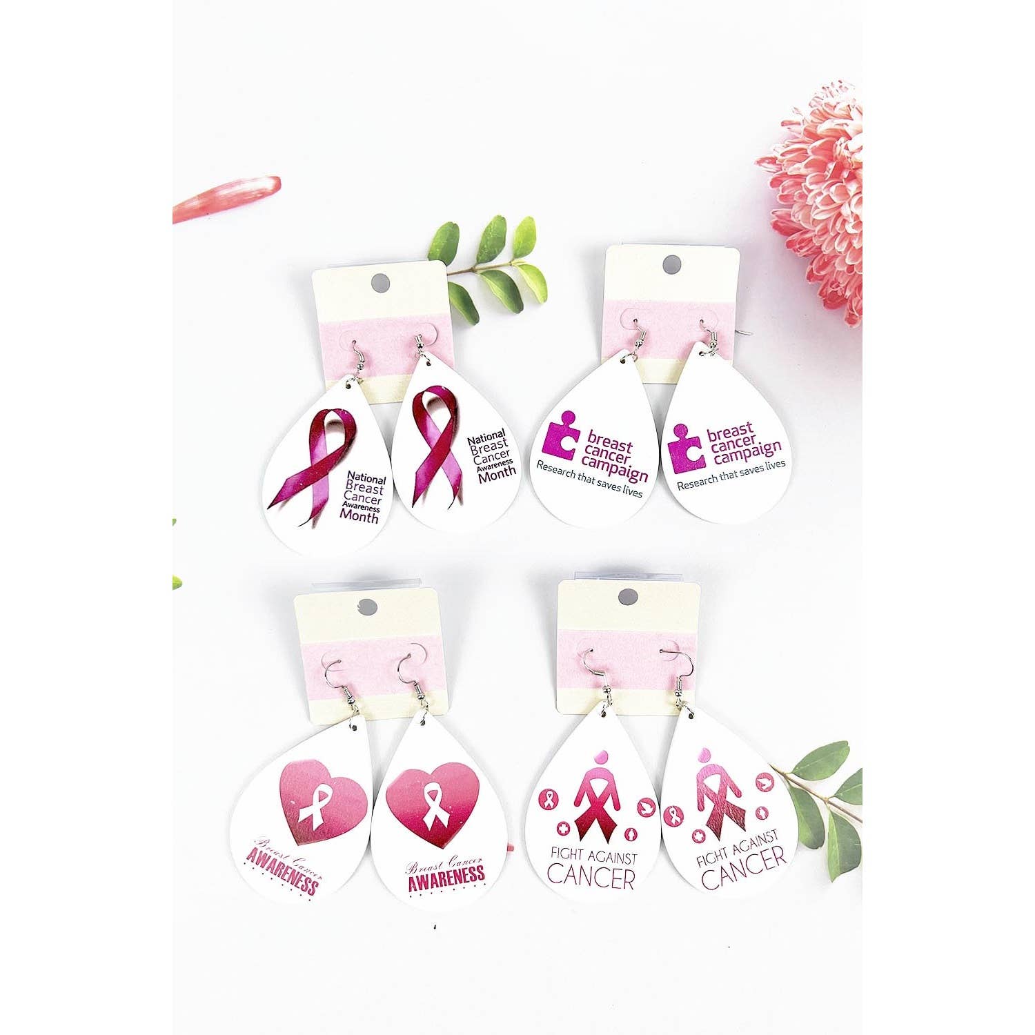 ASSORTED TEARDROP SHAPED BREAST CANCER AWARENESS HOOK EARRING for wholesale on Faire