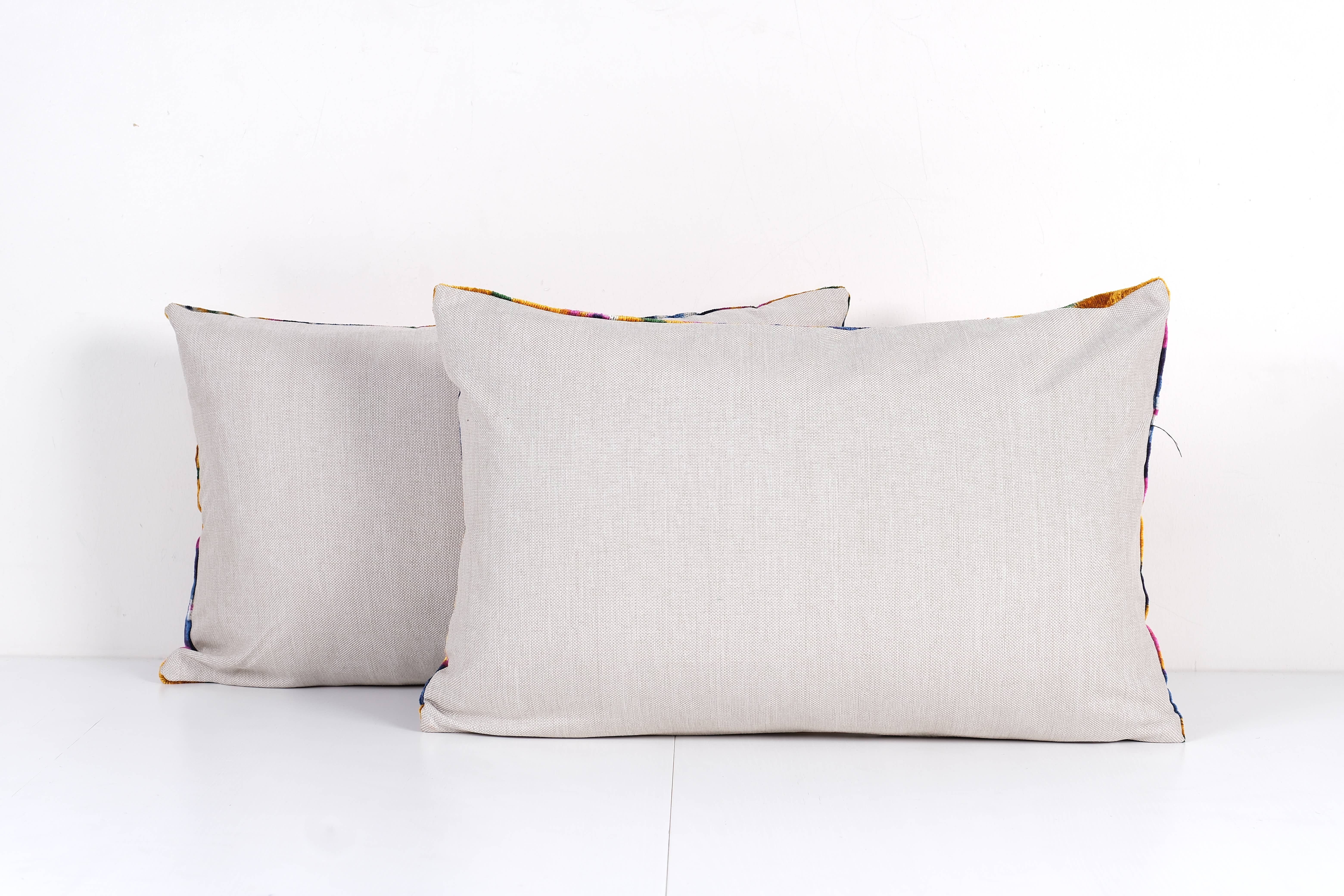 Vintage Pillows Store - Wholesale Lumbar Pillow - Orange Velvet Ikat Cushion - Pair Silk Floral Lumbar Pillow 3