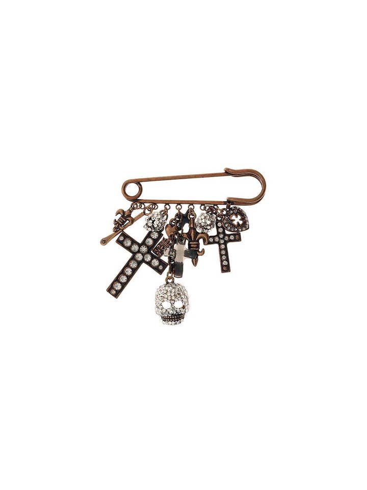 Bronze Gothic Charm Safety Pin Brooch for wholesale by Oceanic Jewellers - Majique London