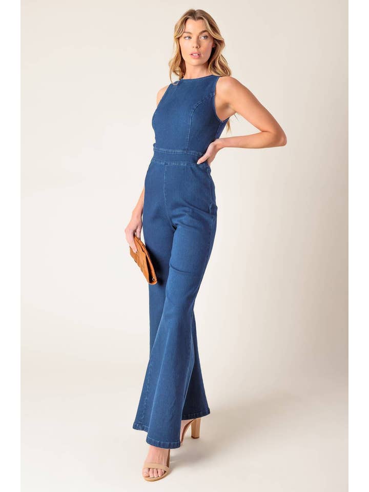 MEDIUM INDIGO A washed stretch denim jumpsuit - IP8725-A for wholesale on Faire