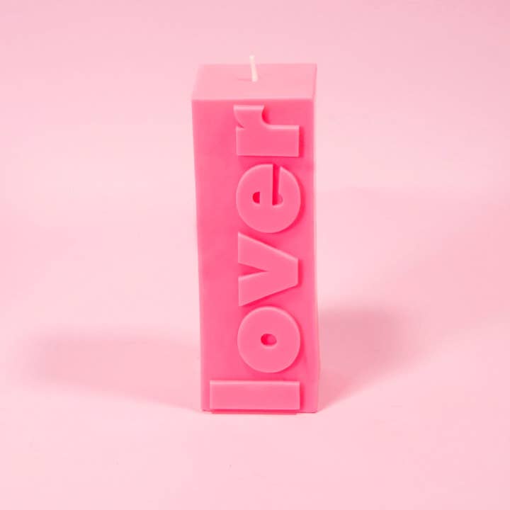 LOVER Valentine Slogan Pillar Candle for wholesale by Flamingo Candles