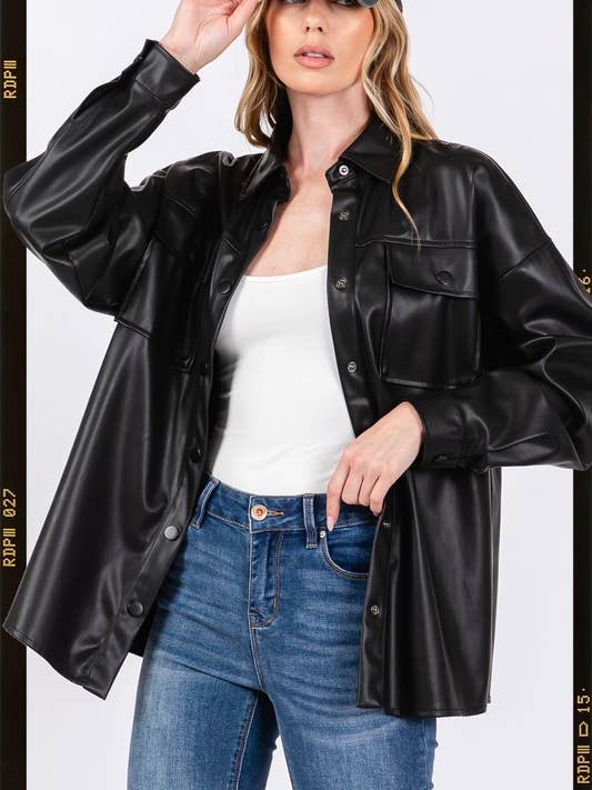 FAUX LEATHER BUTTON UP SHACKET for wholesale by Pink Irene Wholesale
