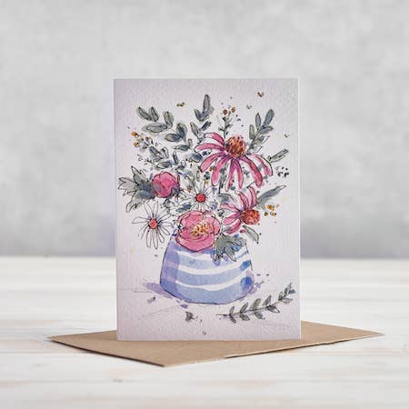 Blauwe Gestreepte Pot met Roze Echinacea Wenskaart voor wholesale door Helen Wiseman Illustration