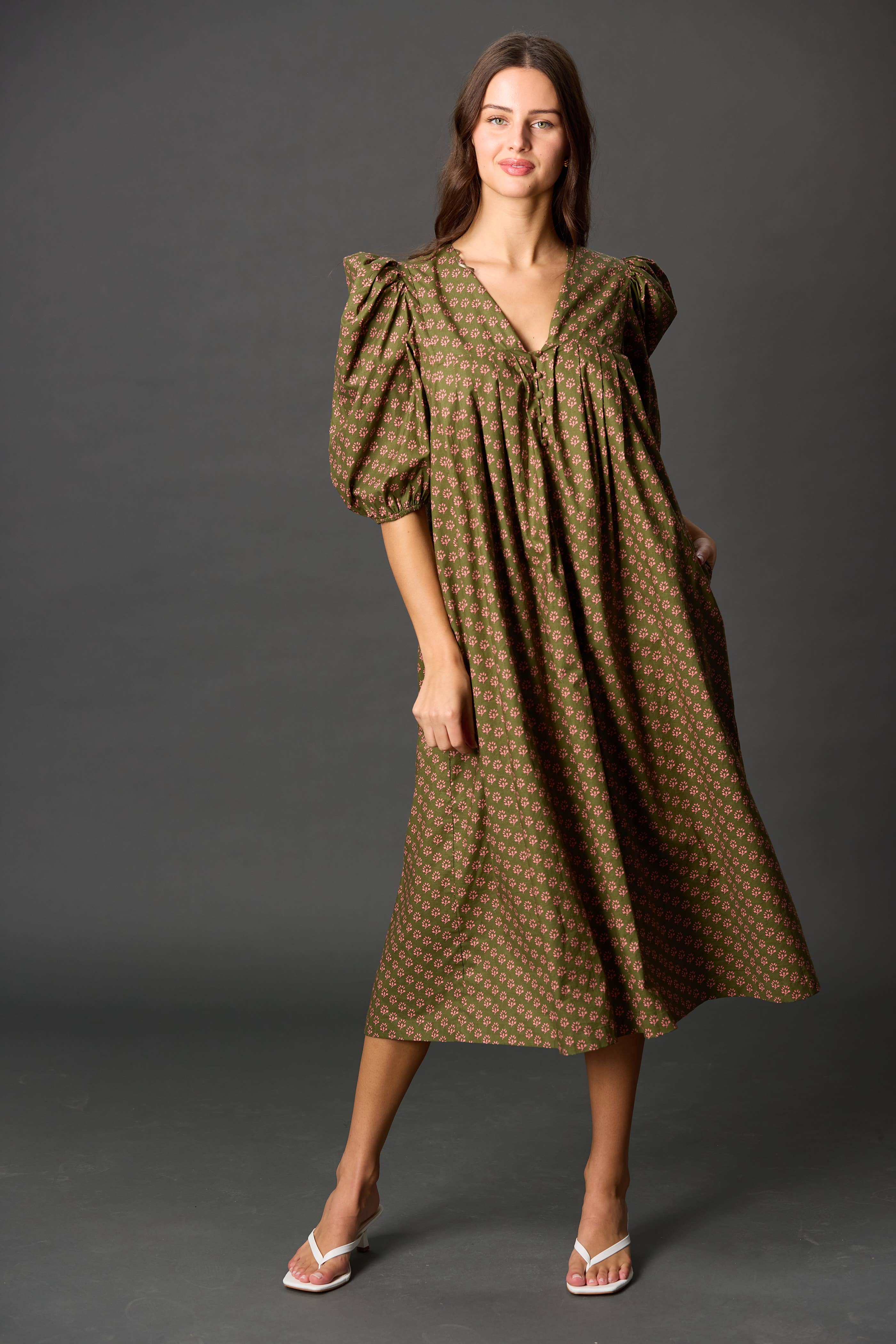 Olive Mauve Poplin Puff Sleeve Midi Dress for wholesale on Faire3