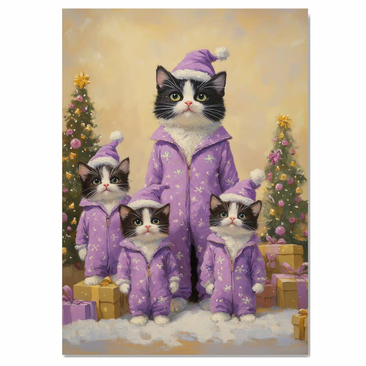 Lavender Pajama Cat Family Christmas Gift Display Canvas for wholesale by Art Paradise Studios