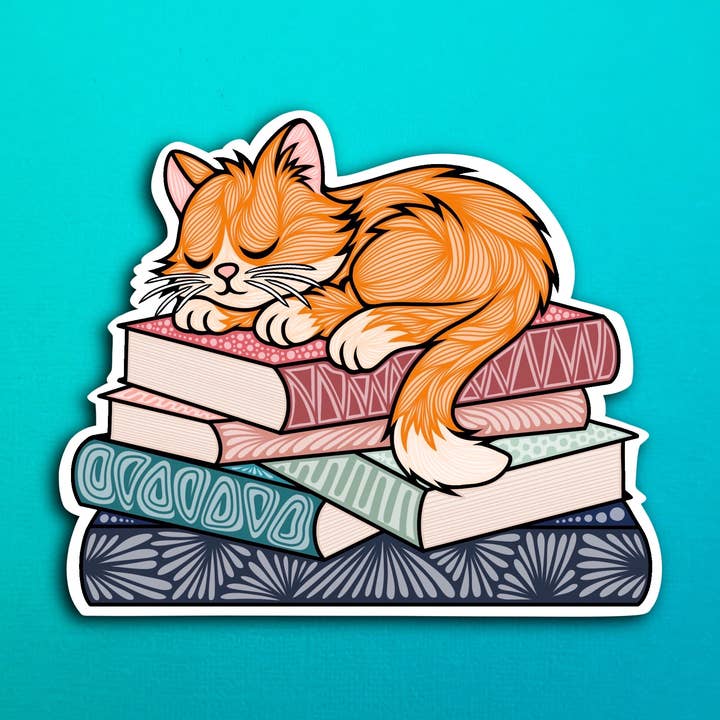 Sleepy Orange Cat Book Sticker (WATERPROOF) for wholesale by Zenspire Designs