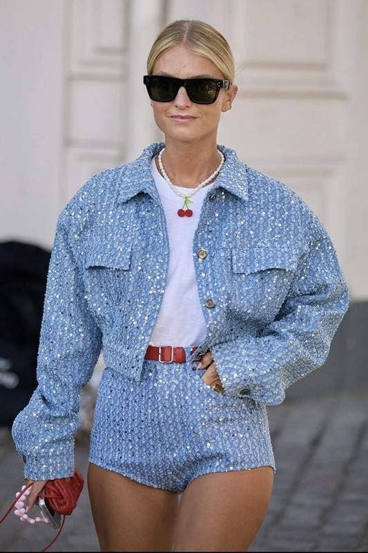 BLUE sequins crop denim jacket and shorts set for wholesale on Faire1