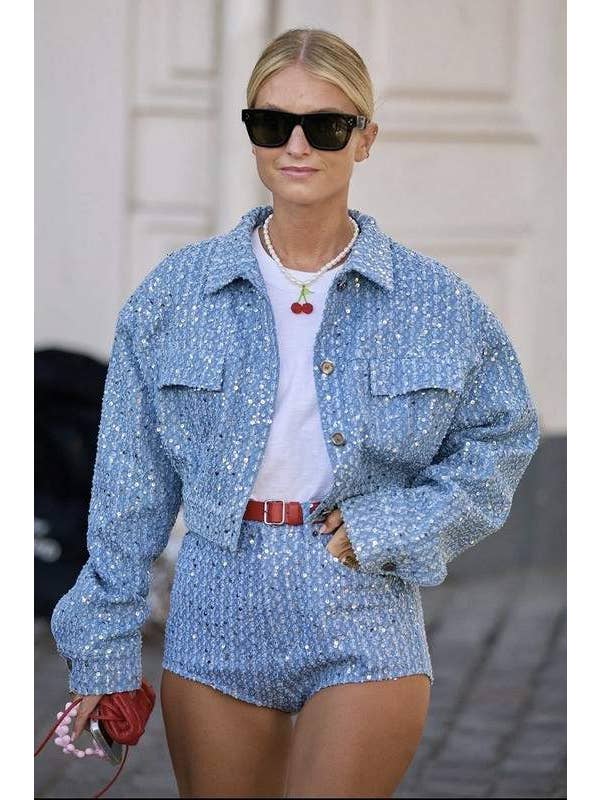 BLUE sequins crop denim jacket and shorts set for wholesale on Faire1