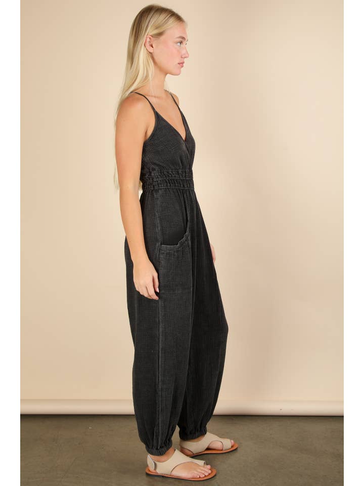 VERY J - Wholesale Jumpsuit - Women's - NP70837-Mineral Washed Cotton Gauze Casual Jumpsuit