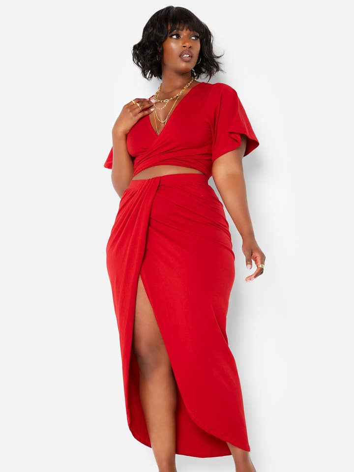 Red Carmen Wrap Front Midi Bodycon Skirt for wholesale on Faire0