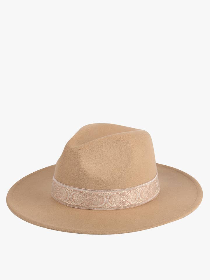 HAT2196 Neeley Boho Print Trim Wide Brim Fedora
 for wholesale by Jen & Co.