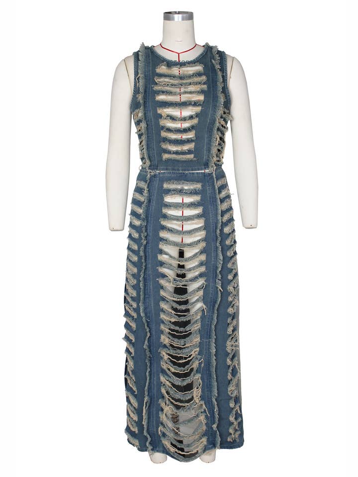 Blue Fashionable Denim Ripped Vest Slit Skirt Two-Piece Set for wholesale on Faire