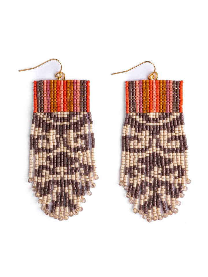Beaded Handwoven Damask Fringe Earrings (Brown) for wholesale by Mayana Designs Co