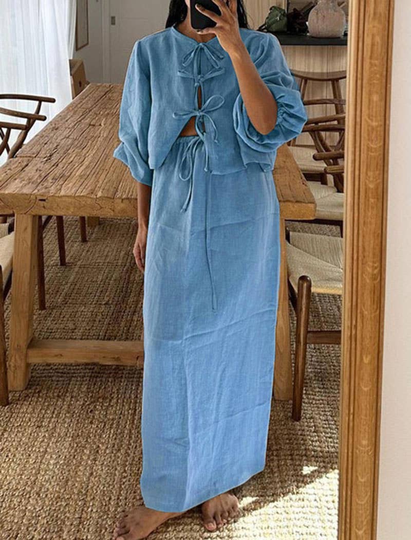 EmberLoom – wholesale Top & skirt set – Women's – Relaxed Tie-Front Top with Skirt Set4