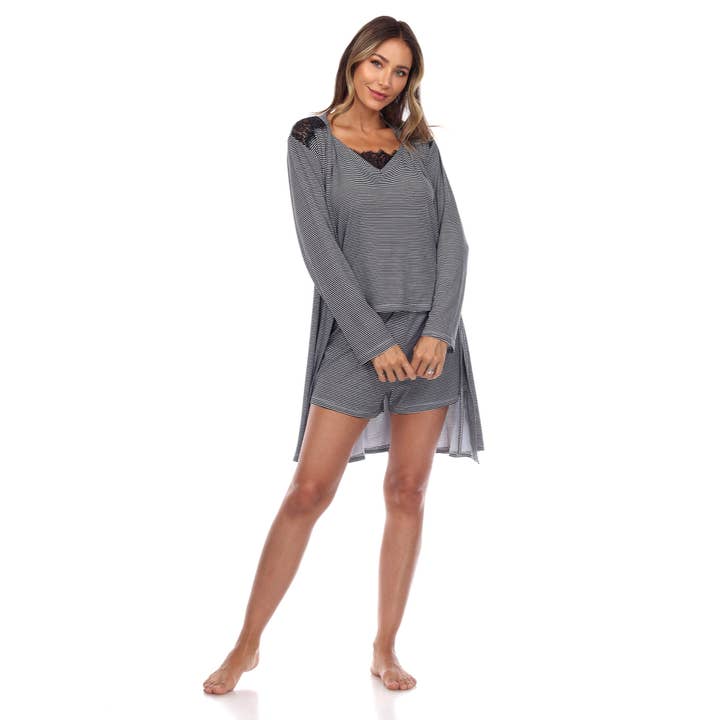 WHITE MARK - Wholesale Sleepwear Set - Women's - Women's 3-Piece Striped Pajama & Robe Set