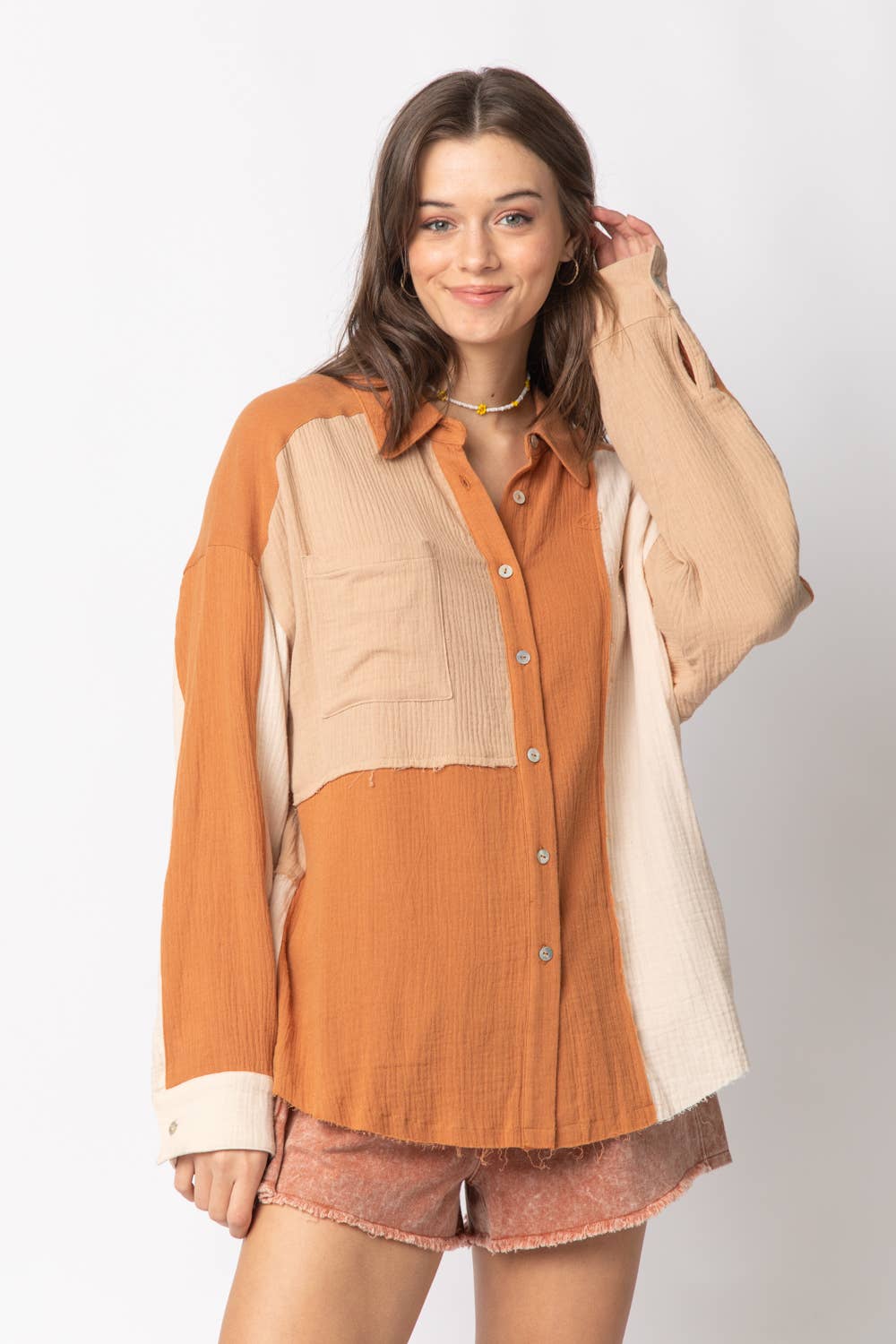 VERY J - Wholesale Button Down Shirt - Women's - NT10324-Color Blocked Button Down Shirt17