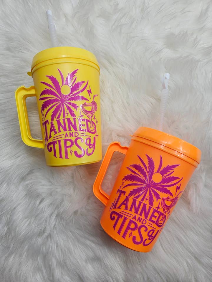 'Tanned and Tipsy' Mega Trucker Mug 34oz for wholesale by Scratch Decor