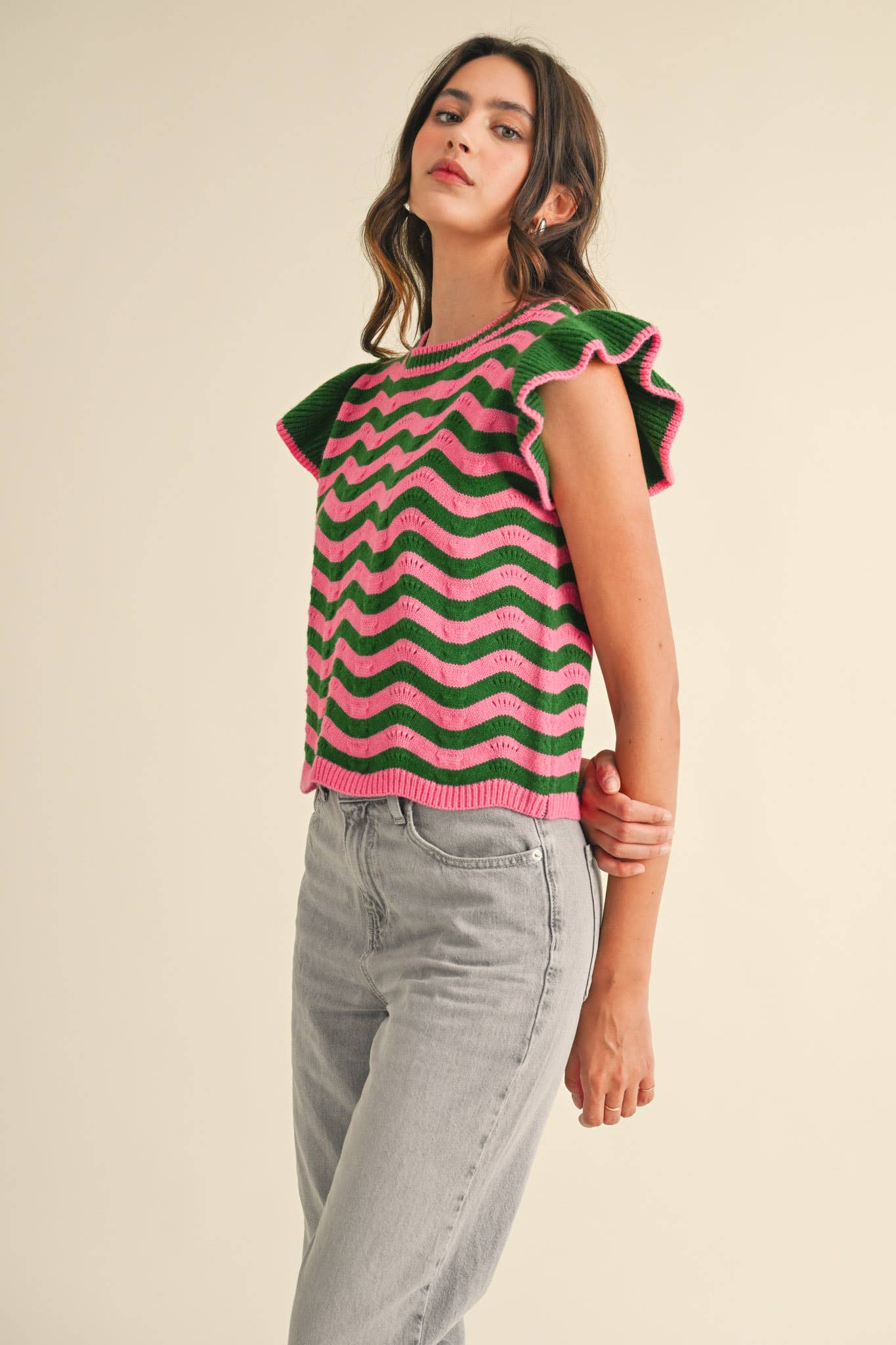 &MERCI - Wholesale Knit Sweater - Women's - WAVY STRIPES FLUTTER SLEEVE SWEATER TOP MSW1050941