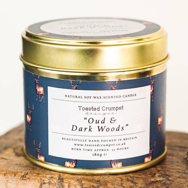 Dark Woods & Oud (Stag Noir) Candle in a Matt Gold Tin for wholesale by Toasted Crumpet