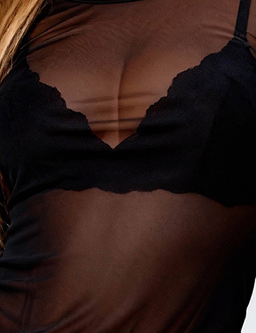 Black Ladies Round Neck Blouse See Sheer Mesh Layring Top SKT4942 for wholesale on Faire1