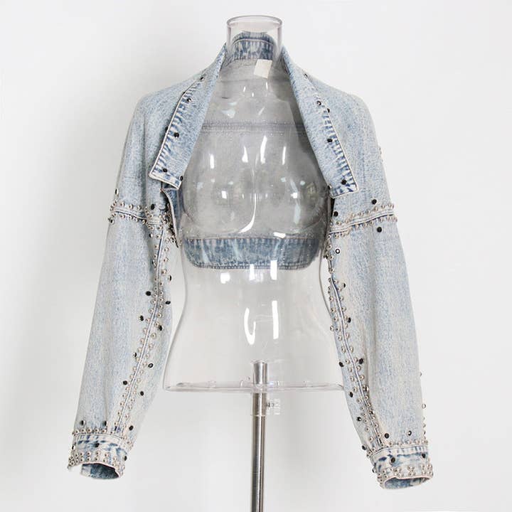 Blue Shawl Denim Coat Jacket Loose Long Sleeve Heavy Industry Rivet Thin Denim Top Fall Women Clothing for wholesale on Faire2