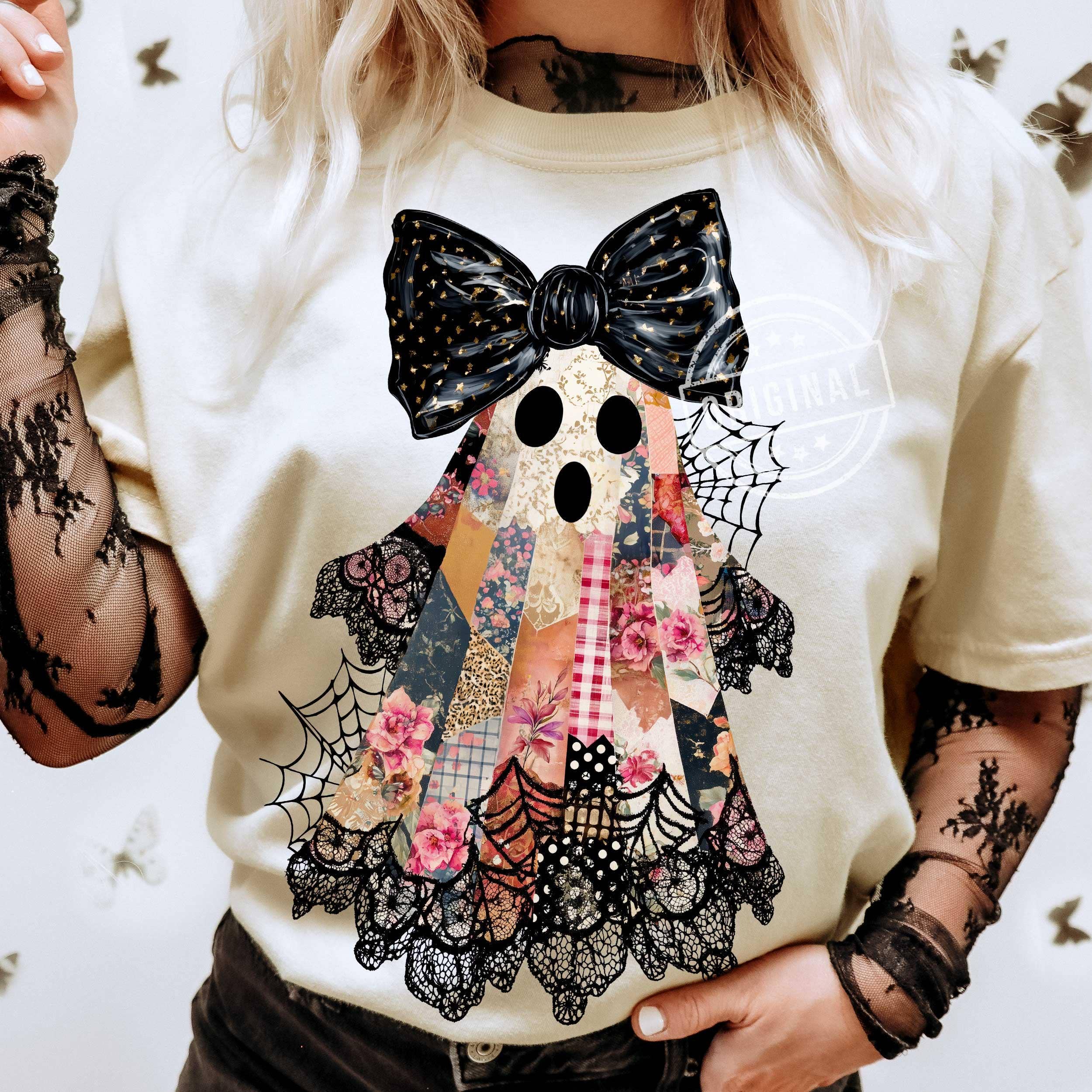 NVC Ecommerce LLC - Wholesale T-Shirt (Graphic) - Women's - Patchwork Ghost Tee, Lace Ghost Shirt, Halloween Sweatshirt