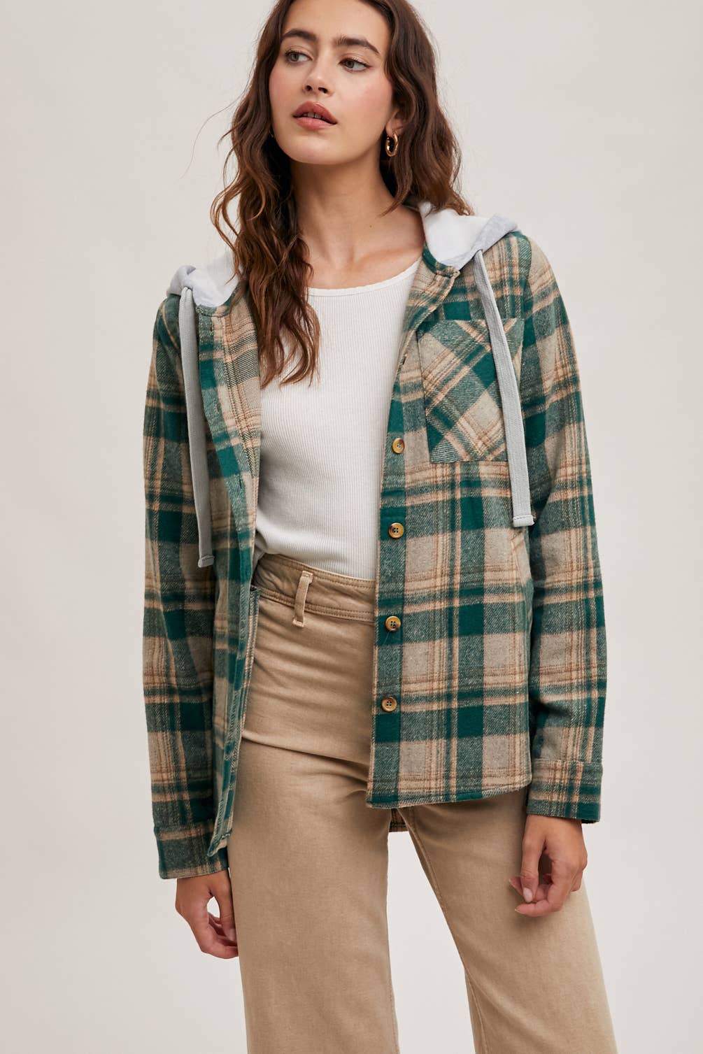 Bluivy – wholesale Shirt Jacket/Shacket - Women’s – HOODED FLANNEL BUTTON FRONT SHIRT JACKET17