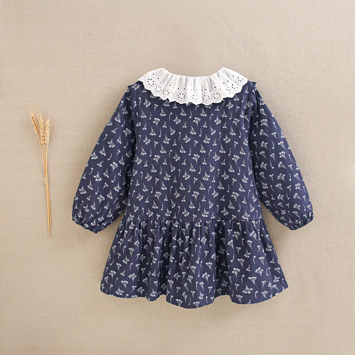 Dadati – wholesale Dress – Kids – Navy blue dress with floral print and ruffle collar5