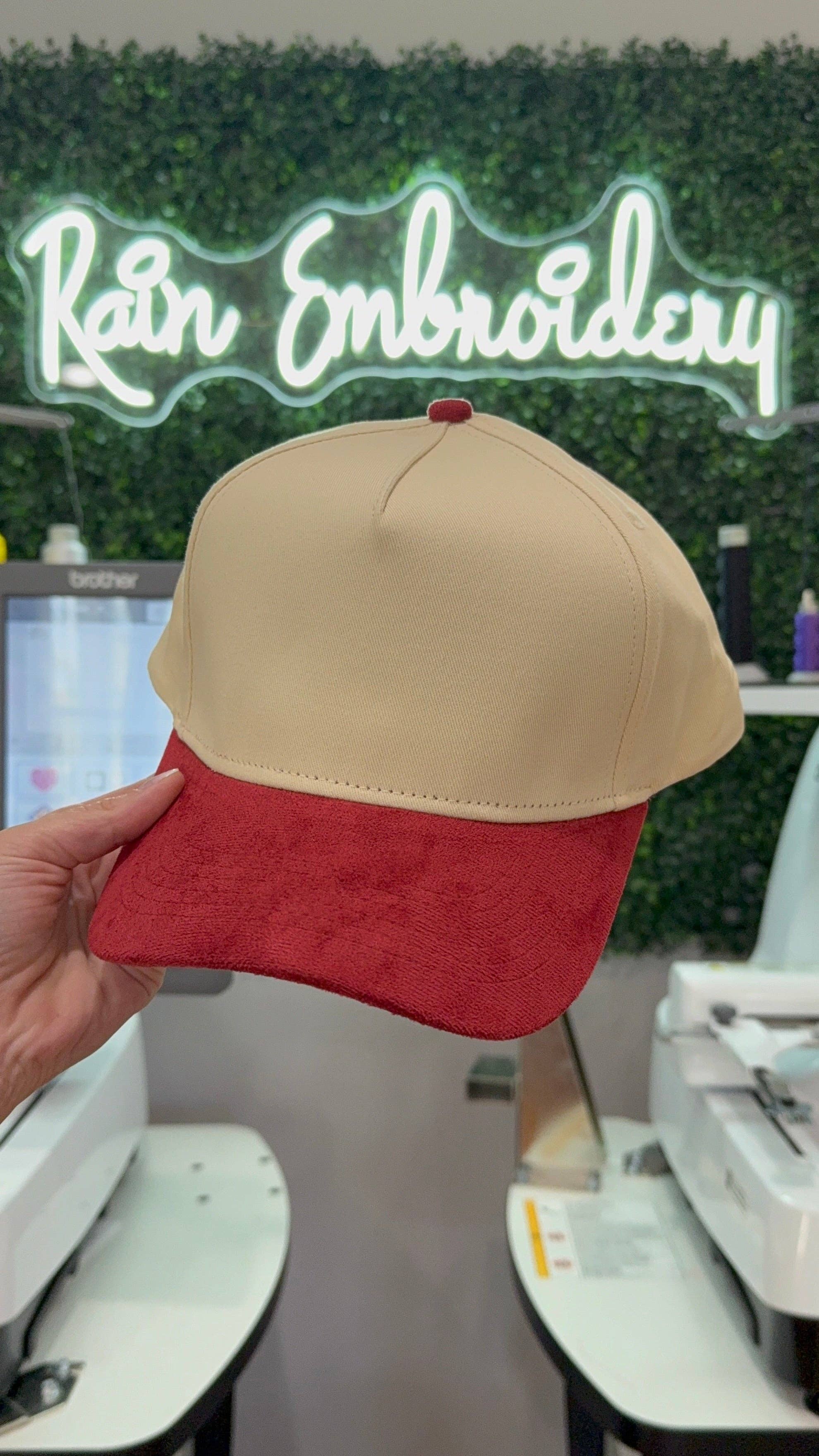 Rain Embroidery - Wholesale Trucker Hat - Unisex - Red Suede Trucker Hat (blank)3