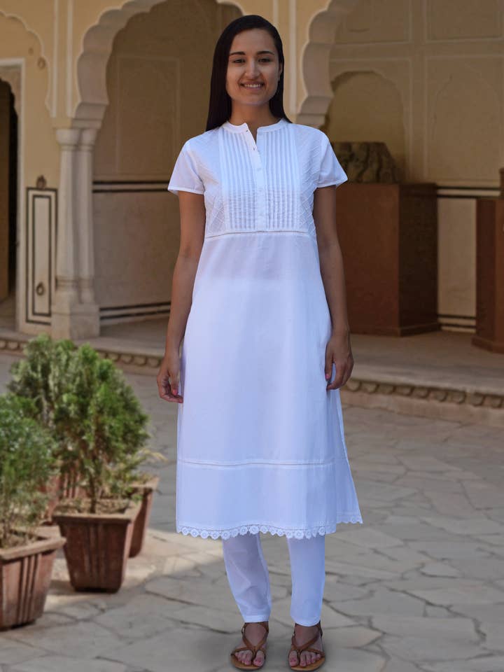 PIKU Pure Soft Cotton Pleated Pintuck Long Tunic Kurta for wholesale by Ayurvastram