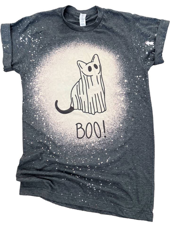 Ghost Kitty Boo Bleached Tee for wholesale by Pick Your Poison Tees LLC (Formerly Wandering Owl Designs)