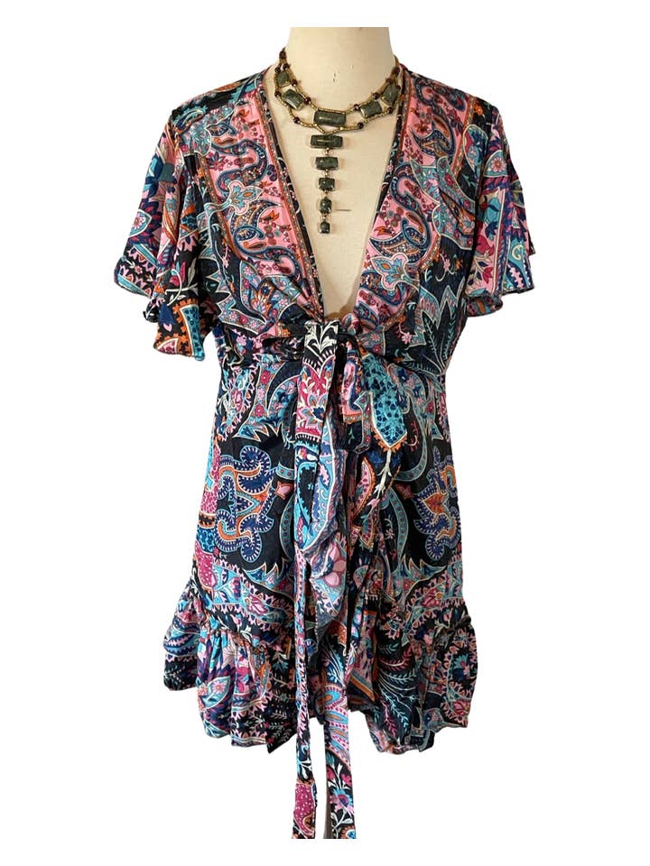 Pink and Silver - Vendita all'ingrosso Vestito - Donna - Abito kimono corto regolabile in seta (blu scuro/rosa)