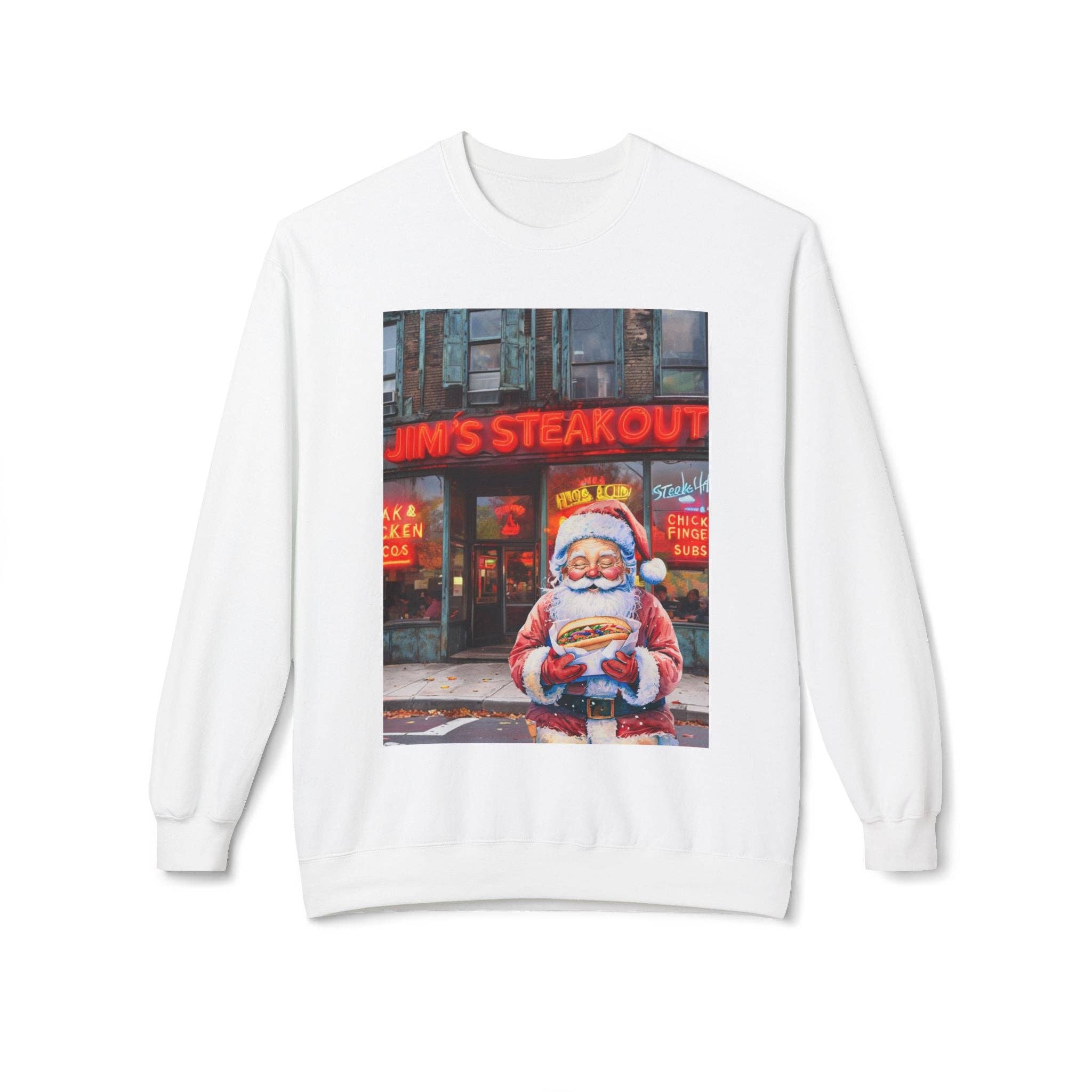 Buffalovely - Wholesale Graphic Sweatshirt - Unisex - Santa with a Hoagie at Jim's Steakout Unisex Cozy Crewneck Sweatshirt1