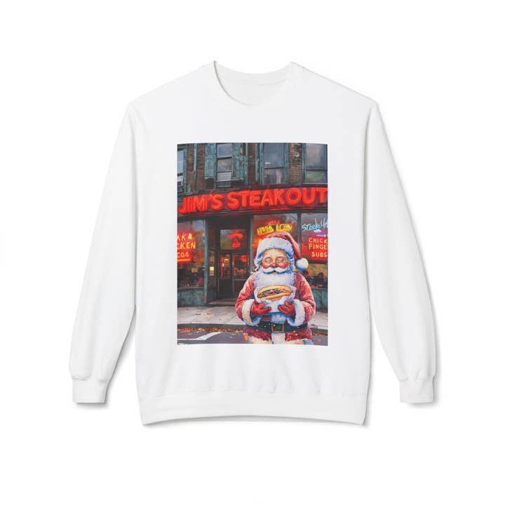 Buffalovely - Wholesale Graphic Sweatshirt - Unisex - Santa with a Hoagie at Jim's Steakout Unisex Cozy Crewneck Sweatshirt1