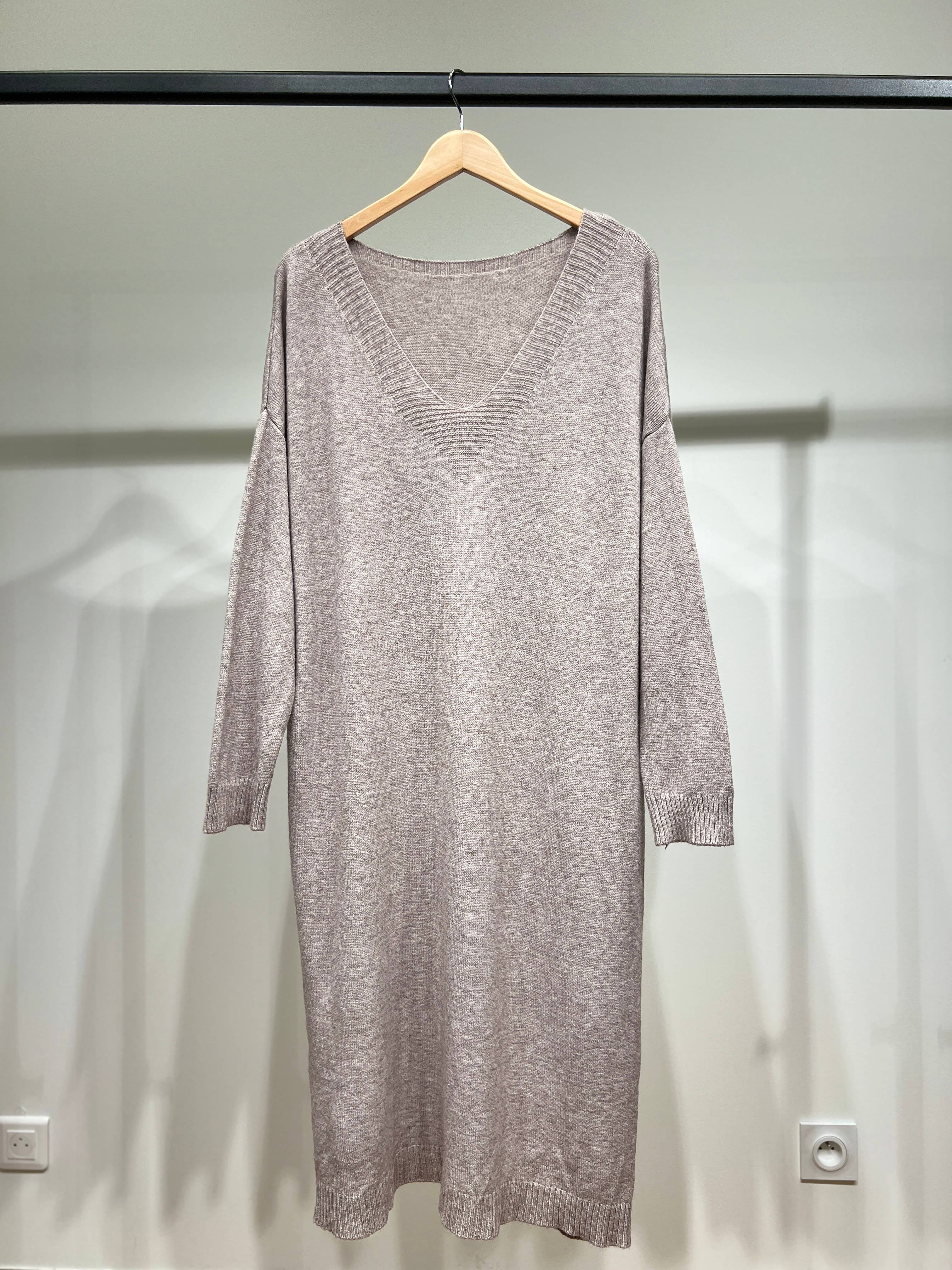 L'Emotion - Vente Robe – femme - Robe Pull Maille Fine Bord-Côtes Côtelé Col V2