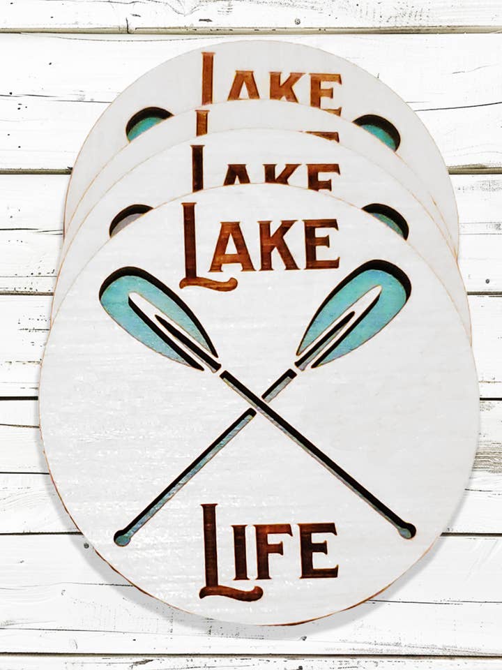 Set of 4 Lake Life Wood Beverage Coasters for wholesale by Starlene Designs