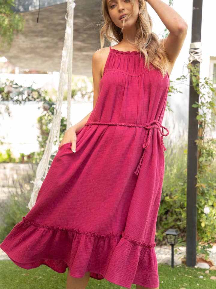 32222 fläta midjan slips gasväv Midi klänning för wholesale av VOY