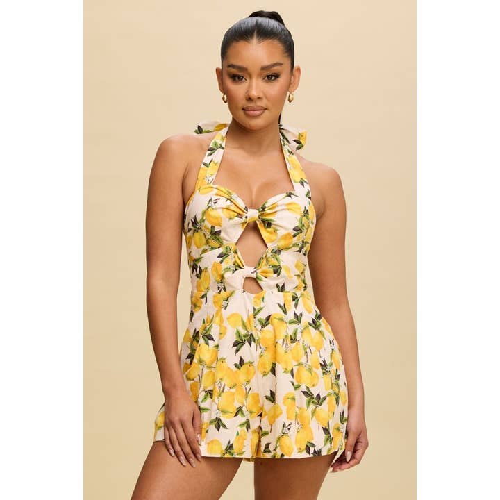 LEMON CINCHED CUTOUT ROMPER for wholesale on Faire