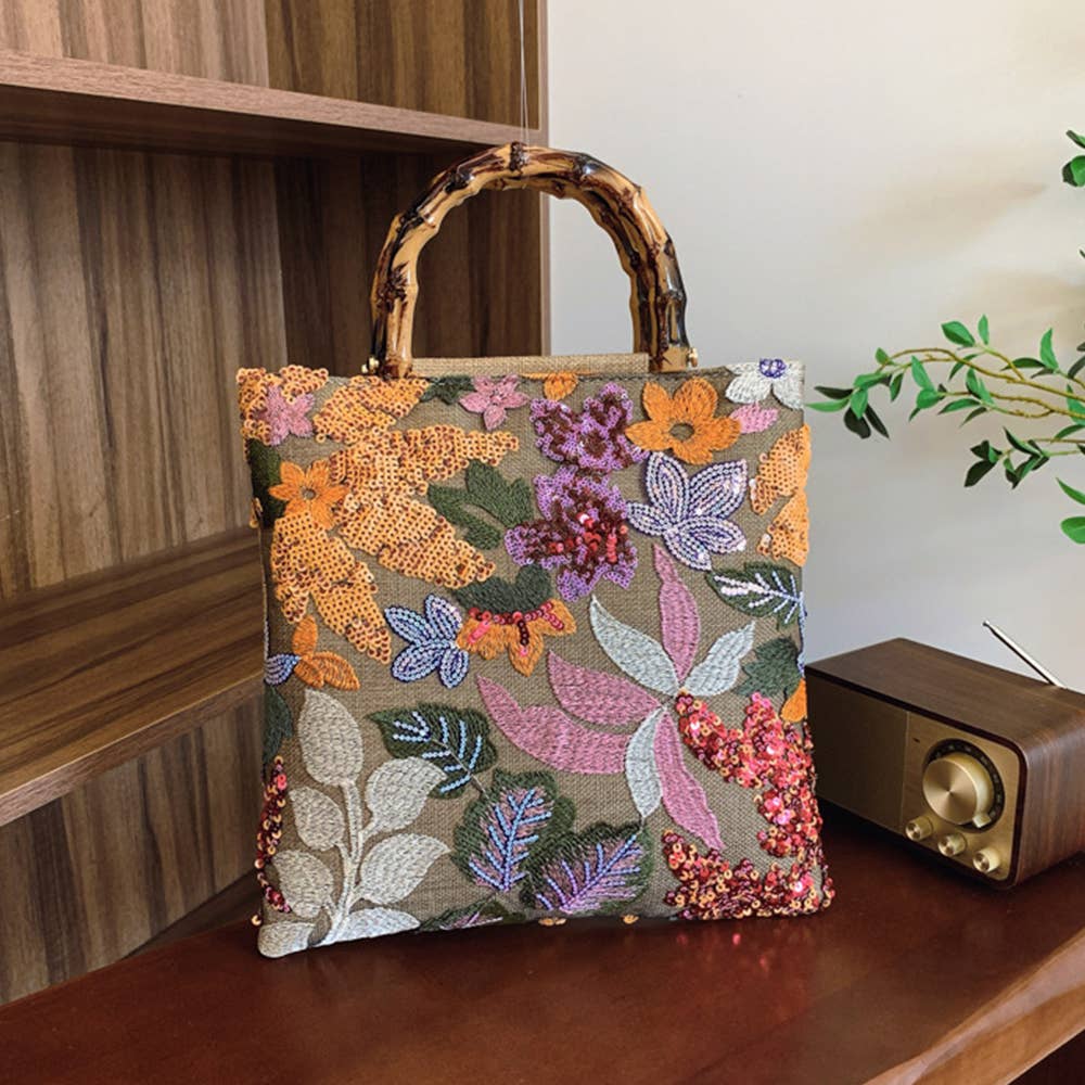 Multicolore Sac à main brodé de sequins colorés en forme de fleur en vente sur Faire1