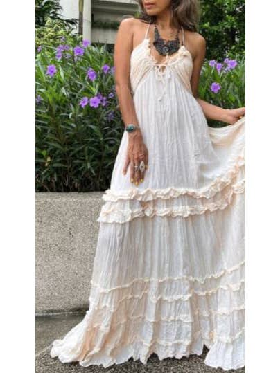 beige BOHO Beach Resort ruffle halter large swing flare maxi dress for wholesale on Faire17