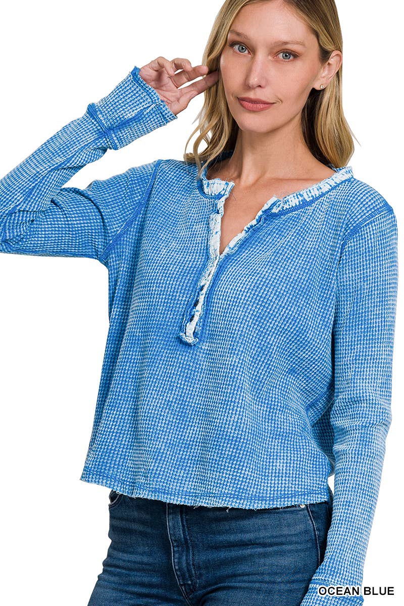 Apolline - Wholesale Knit Top - Women's - Washed Baby Waffle Henley Long Sleeve Top - Back Patch9