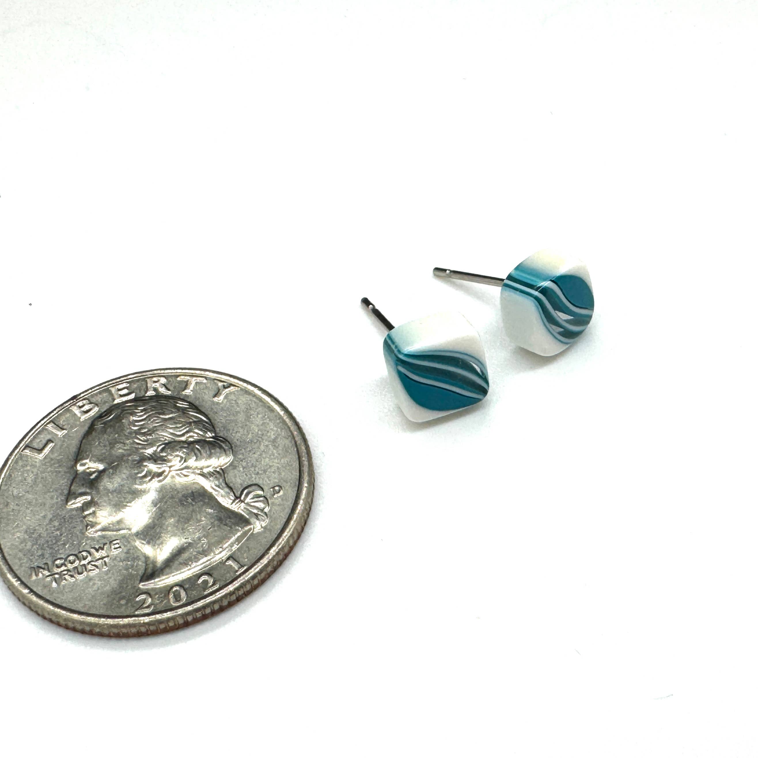 Leetie Lovendale - Wholesale Stud/Post Earrings - Aqua Blue & White Striped Square Cane Slice Stud Earrings2